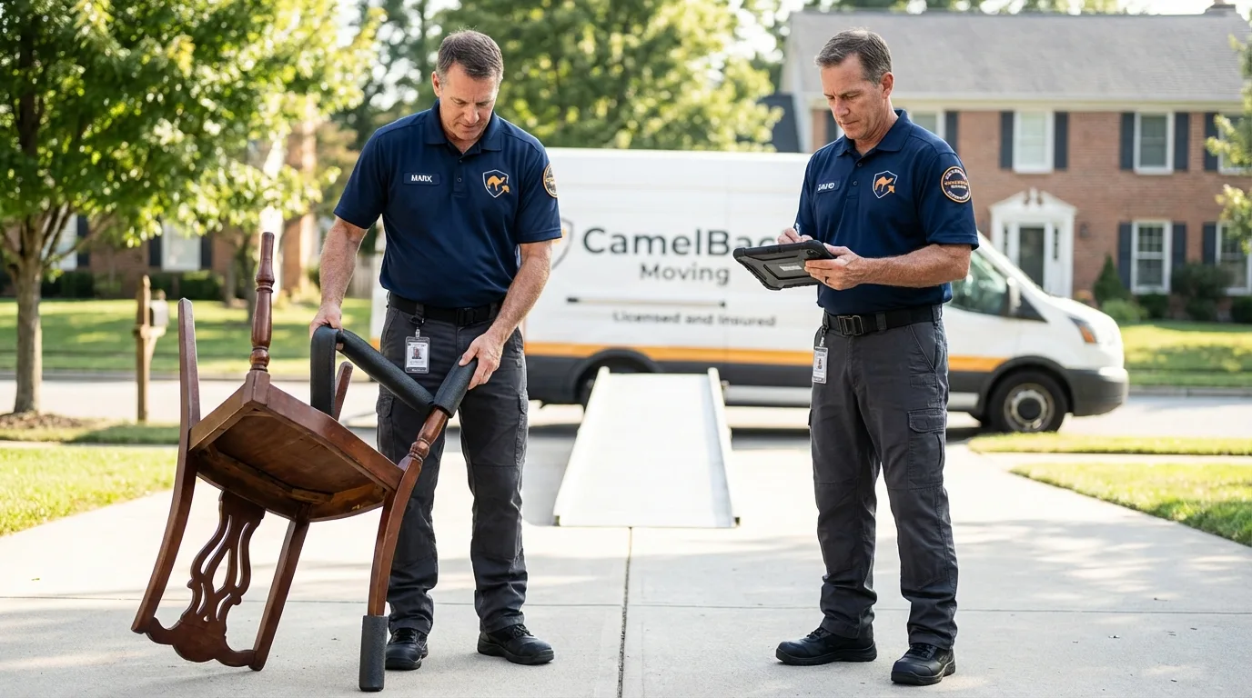 Movers inspecting furniture for damage prevention before loading in Donalsonville, GA