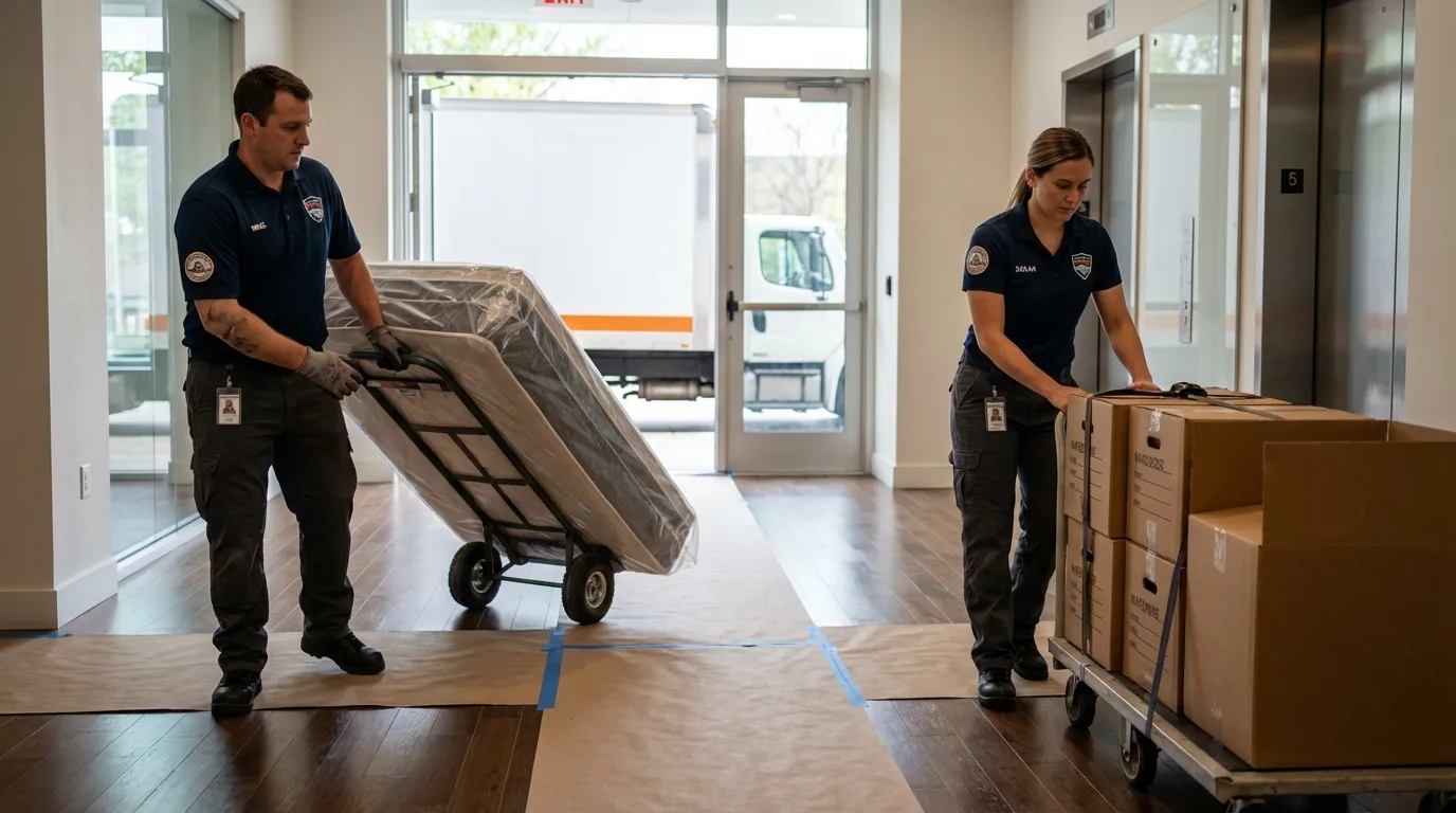 Professional apartment movers loading elevator in Donalsonville, GA