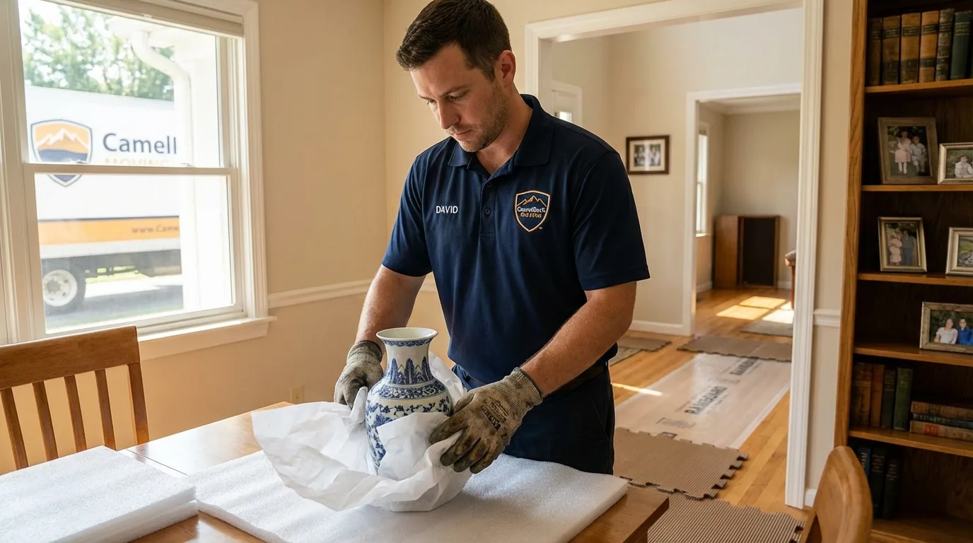 Professional crew carefully wrapping antique vase for senior downsizing move in Donalsonville, GA